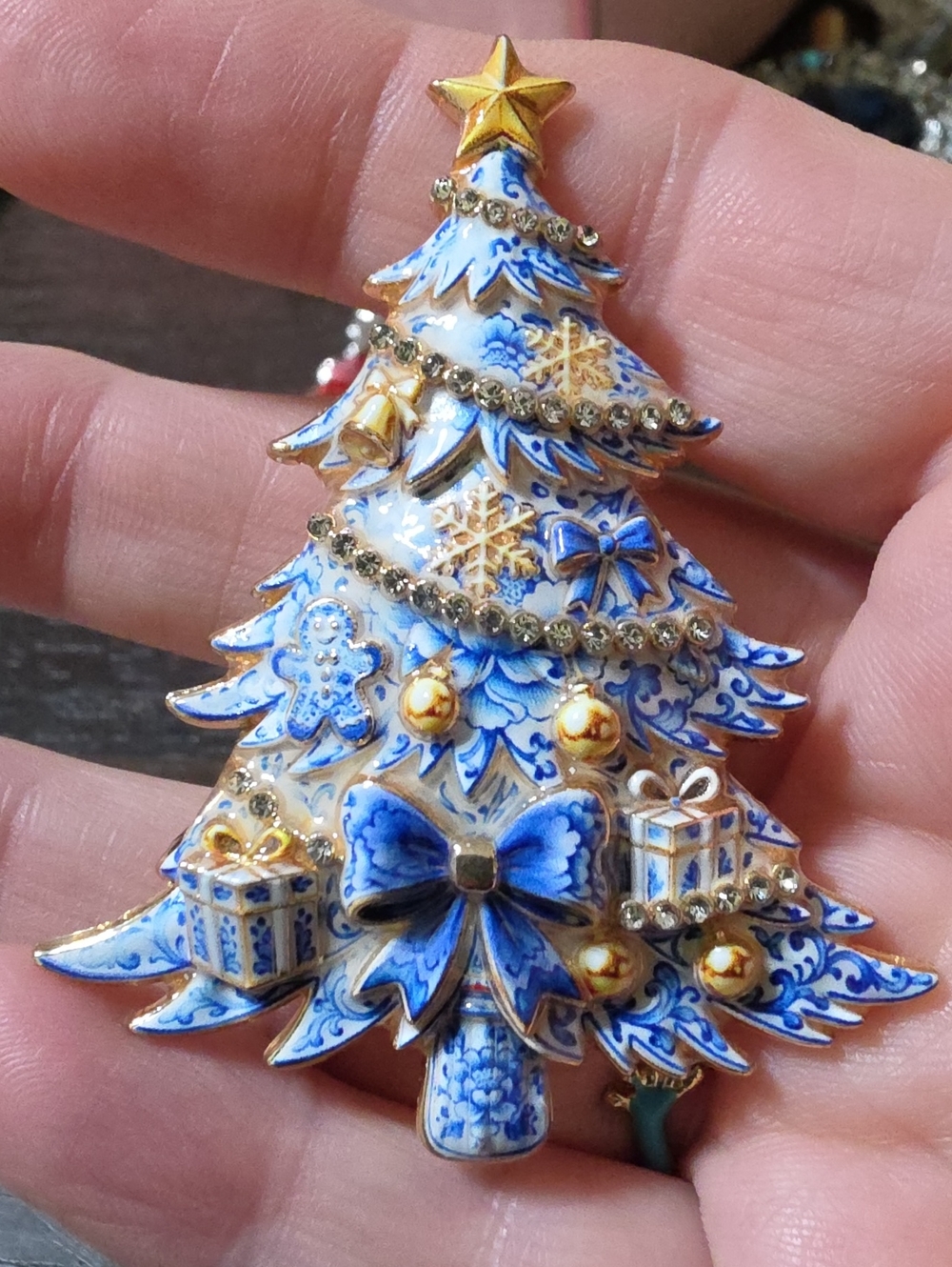 A119- Blue and Gold Christmas Tree Brooch